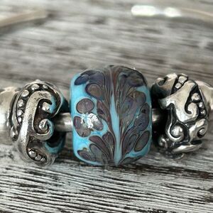 Big Hole Lampwork Glass Barrel Bead By Artisan Clare Scott Blue w Feathers